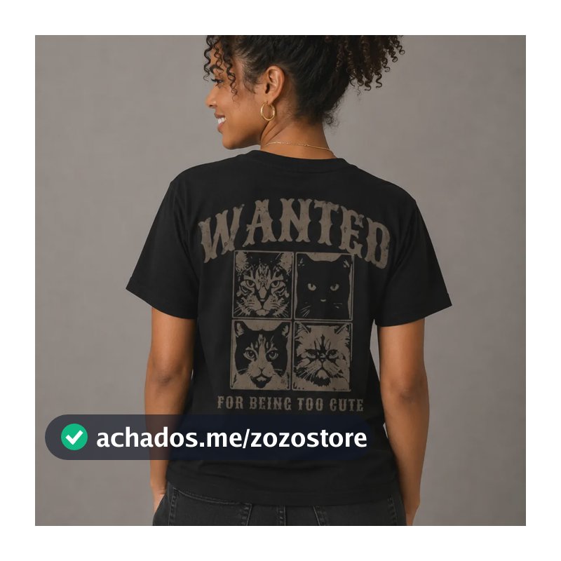 Camiseta Wanted For Being Too Cute Preto Gato Pp Estampa Localizada
