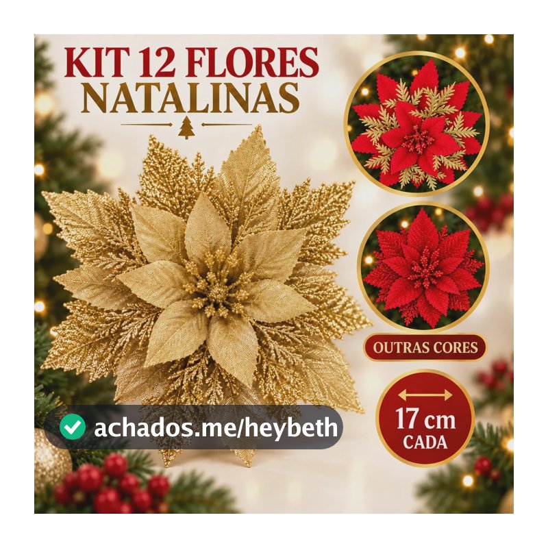 Kit 12 Flores Enfeite Artificial Glitter 17cm Decoração Árvore De Natal Dourado Luvinco