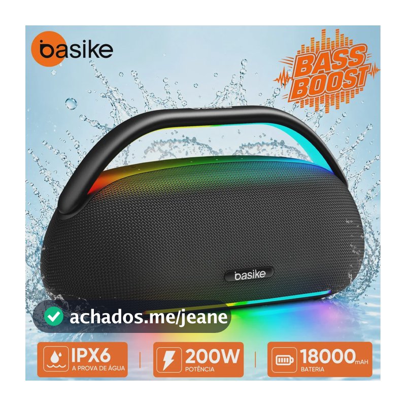 Caixa de Som Bluetooth Karaokê Basike 200W RMS Boombox Portátil Microfone USB TWS Bass Boost IPX6 Bateria 18000mAh Luzes RGB Som Potente Grave Pesado Festa Praia Churrasco Piscina Viagem