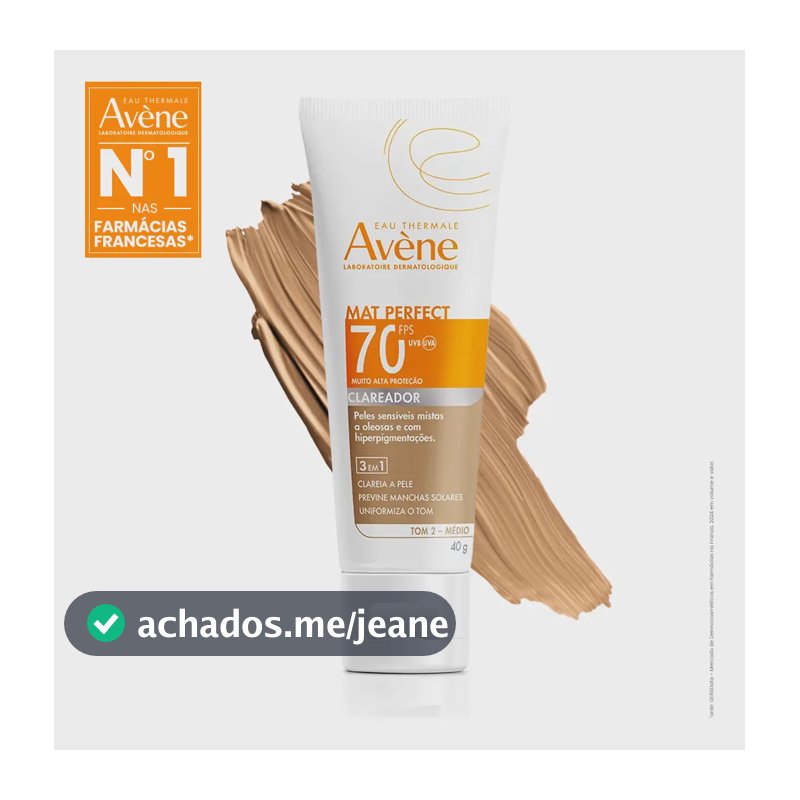 Protetor Solar Facial Com Cor Avène Mat Perfect Clareador FPS70 Tom Médio, 40g