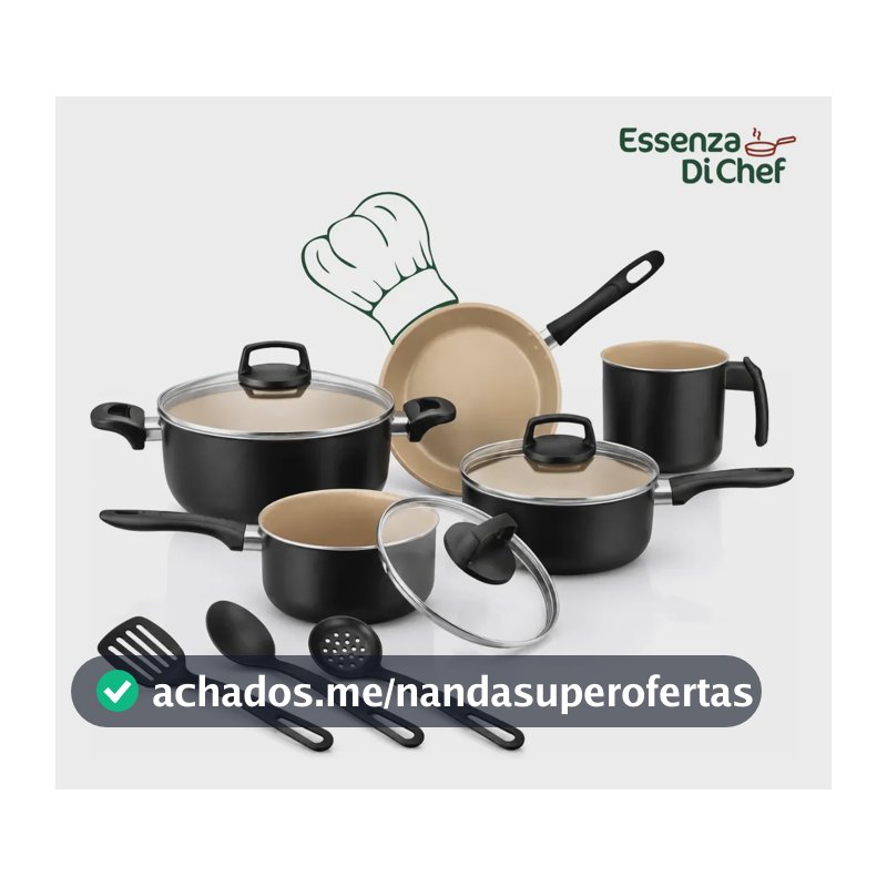 Conjunto De Panelas 08 Peças Antiaderente Com Tampa De Vidro E Utensílios Fogão A Gás Preto Dourado Jogo Kit Clássico