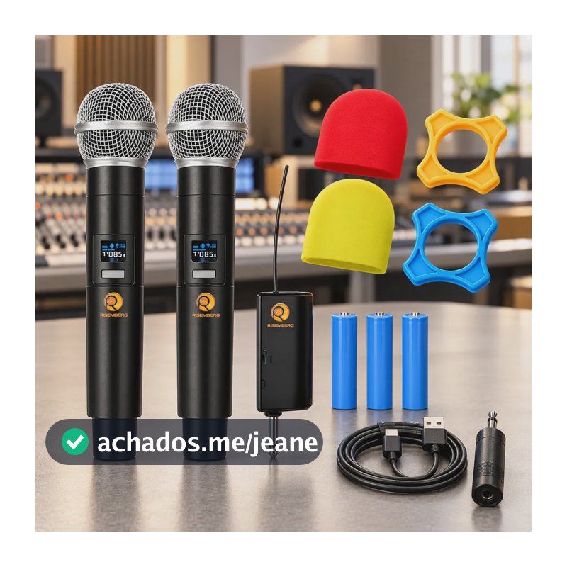 Kit 2 Microfones Sem Fio Dinâmico Duplo Recarregável Profissional Uhf Led Karaokê Palestras Shows Igrejas Apresentações Bar Cancelamento De Ruído Anti-larsen Bateria Cardioide Palco Reuniões Risemberg