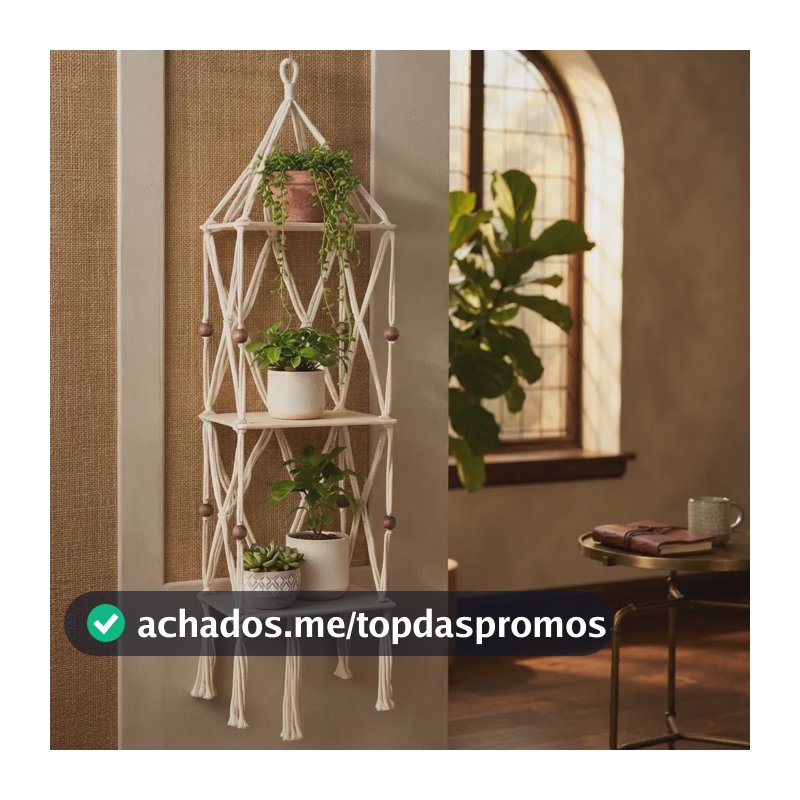 Prateleira Grande Suspensa Macramê 3 Andares Madeira Boho Bege