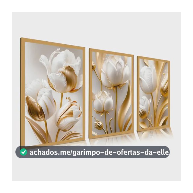 Quadro Decorativo 50x30 Flores Tulipas Brancas Douradas Sala Flores Flor Tulipas Brancas E Douradas Sem Moldura