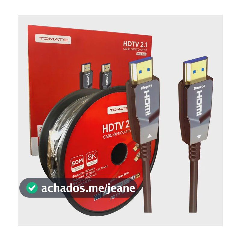 Cabo HDMI 2.1 Fibra Óptica Tomate 50m 8K 60Hz Ultra HD 48Gbps