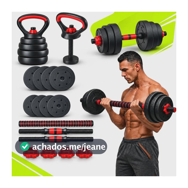 Kit Halteres Barra E Anilhas Musculação Kettlebell Ajustáveis Peso Academia 10kg