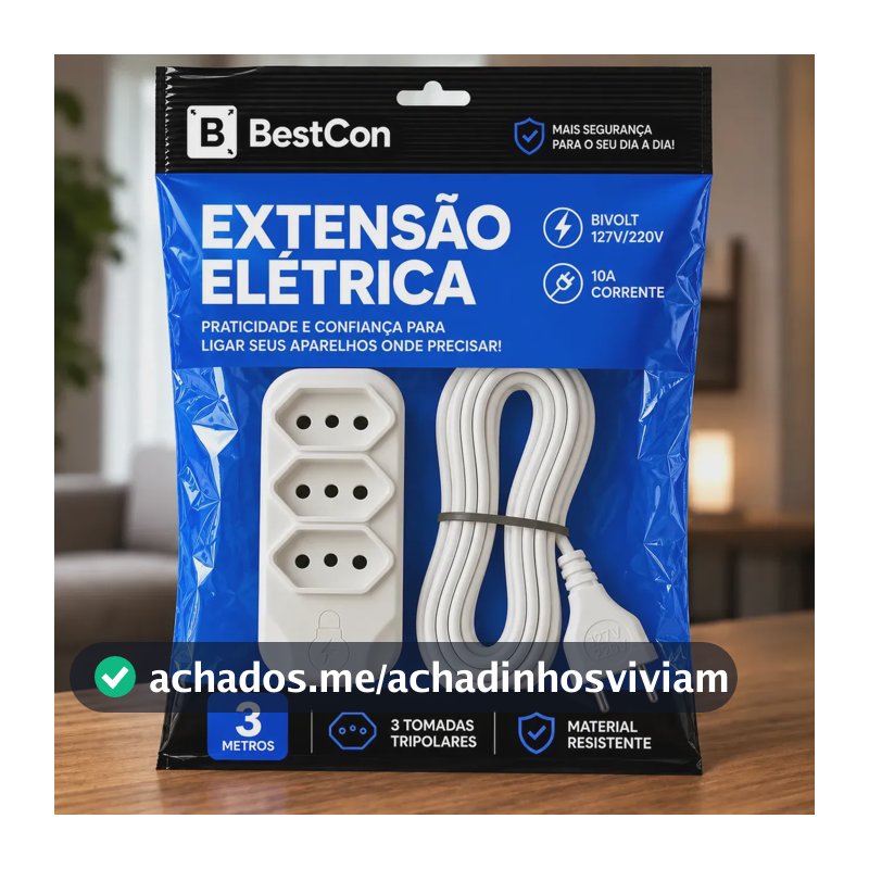 Extensão Elétrica 3 Metros com 3 Tomada Bivolt Branco Bestcon