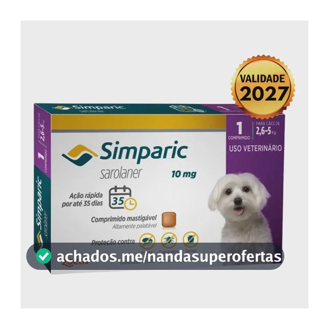 Antipulgas Simparic 10mg Para Cães 2,6 A 5kg 1 Comprimido Violeta-escuro