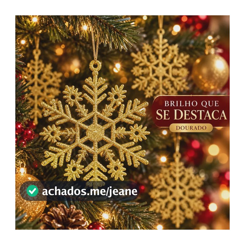 Flocos De Neve 10 Pingentes Grande C/ Glitter Decoração Enfeite Árvore Natal Luvinco Dourado