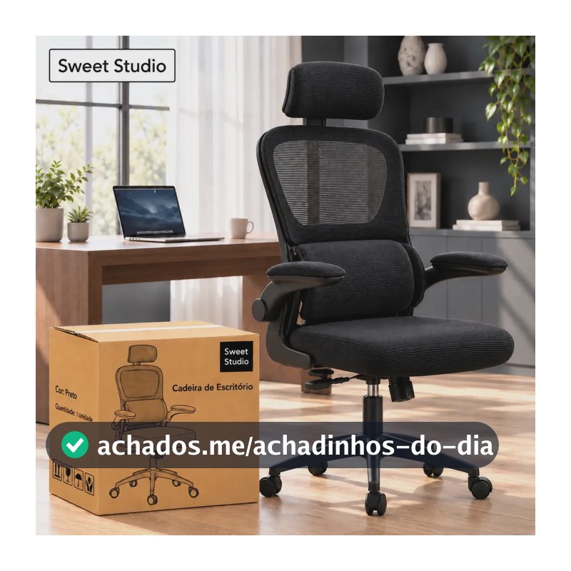 Cadeira Sweet Studio Escritório Ergonômica Giratória Preto Com Apoio Lombar e Apoio de cabeça