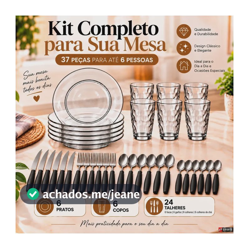 Aparelho de Jantar Sforte com 37 Peças, Pratos e Copos de Vidro, Talheres de Aço Inox e Porta-Talheres Organizador