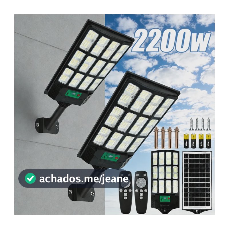Kit 2 2200w Luminaria Poste Solar Potente Com Sensor Solar Preto