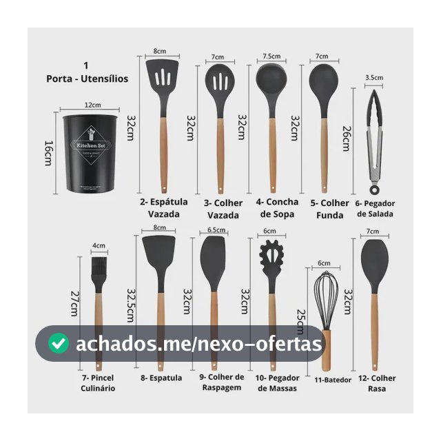 Kit de Utensílios De Cozinha com 12 peças Em Silicone Cabo Madeira Cor Preto
