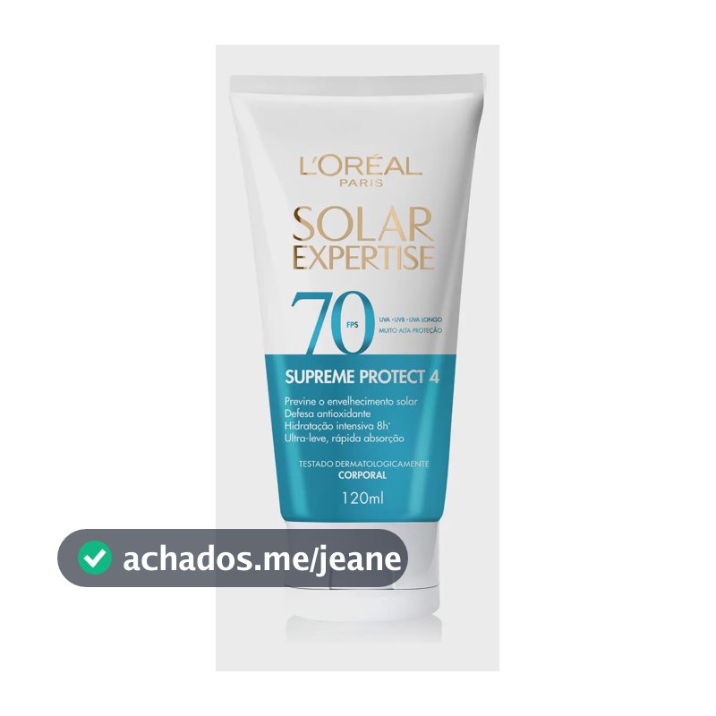 L'Oréal Paris Solar Expertise Supreme Protetor Solar Corporal FPS 70, com Mexoryl X4, Hidratação Intensiva 8h e Ação Antioxidante, Pele Macia e Toque Aveludado, 120ml