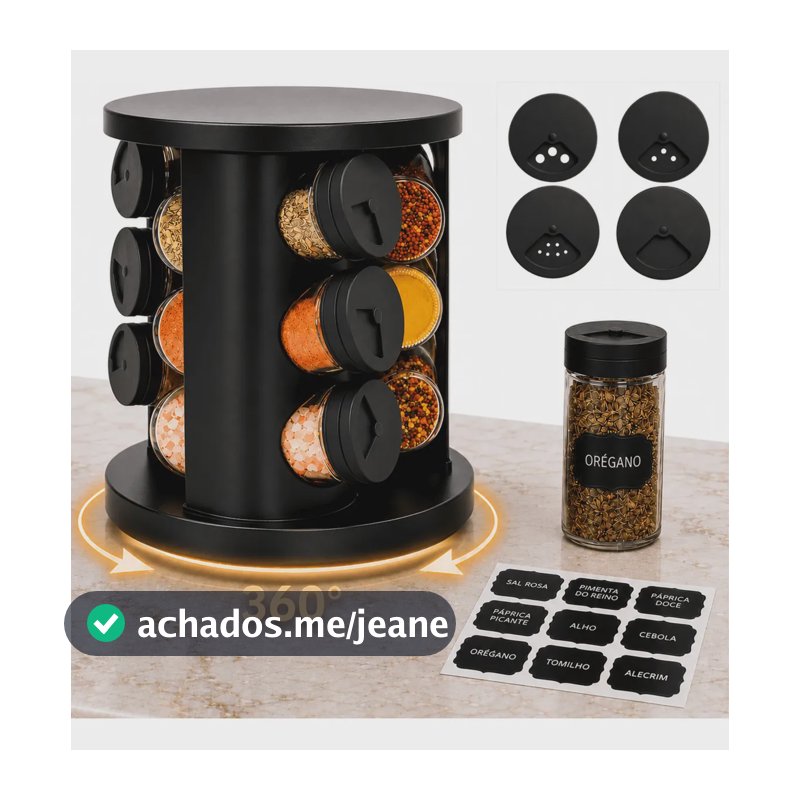 Porta Temperos Condimentos 9 Potes De Vidro Base Giratória 360° 9 Etiquetas Adesiva Organizador Cozinha Dosador Suporte Bancada Mesa Orégano Sal Páprica Pimenta Indue Variedades