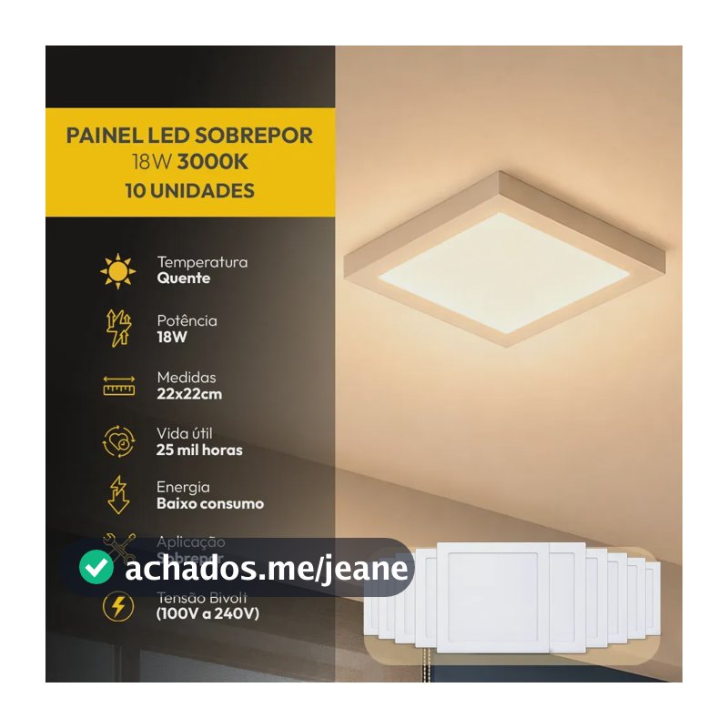 Kit 10 Painel Led Plafon Aluminio Sobrepor 18w 3000k Branco Quente 22x22cm Quadrado Cod: ALUT001999-10 Alut By Avant