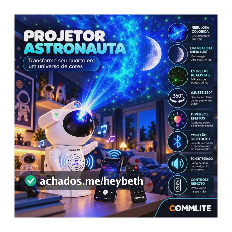 Projetor Astronauta Galáxia Nebulosa Luminária LED Bluetooth Caixa Som Controle Remoto 360° Luz Noturna Abajur Quarto Sala Commlite
