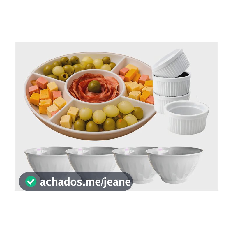 Kit Petisqueira Redonda 1 Peça + 4 Ramekin Ramequim + 4 Bowl Cor Branco