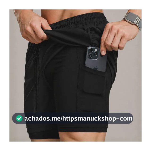 Bermuda Compressão Duplo Masculina 2 Em 1 Short Academia Preto Liso Gg