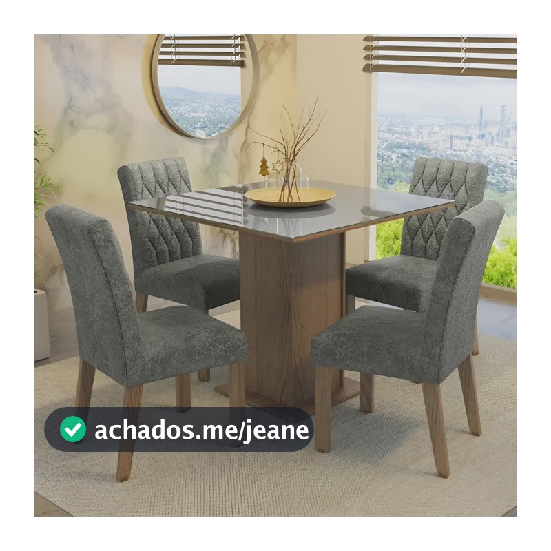 Sala Jantar Mesa Tampo Vidro 4 Cadeiras Anaju Madesa Rcs Cor Rustic/Cinza/Silver Desenho do tecido das cadeiras Liso MDJA040138F9SIL