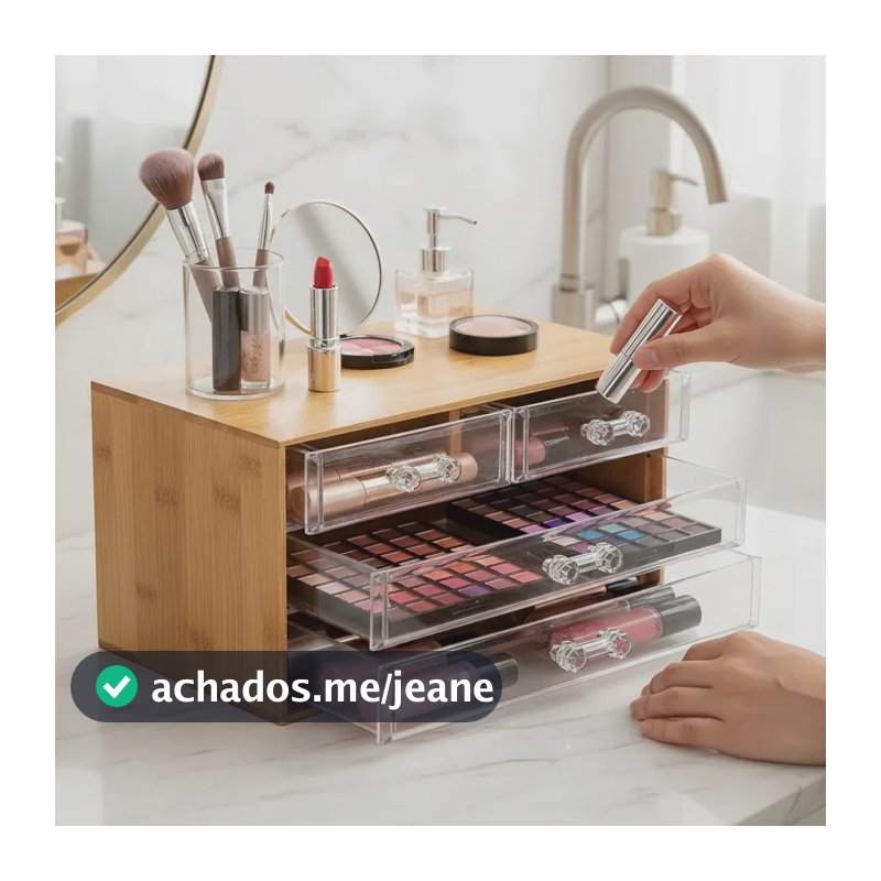 Organizador Para Maquiagem Joias Cosmeticos Bambu E Acrilico Madeira