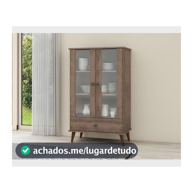 Cristaleira Baixa Retrô Movelbento 2 Portas 1 Gaveta Madeira Vidro