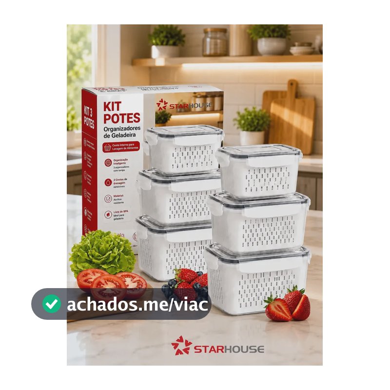 Kit 6 Organizadores Geladeira Alimentos Legumes Verduras Frutas Transparente Com Tampa Trava Hermético Escorredor - Starhouse