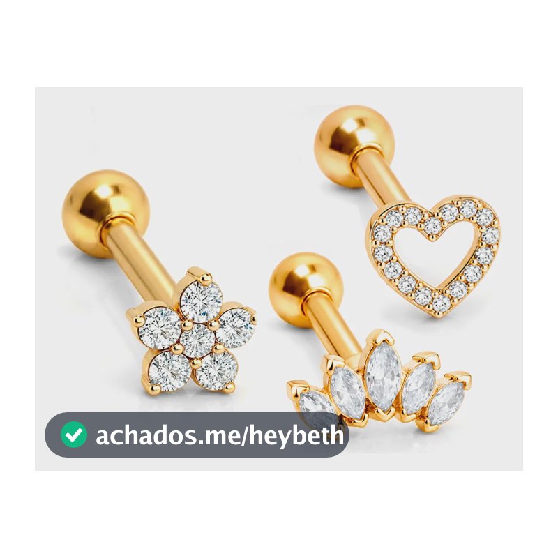 Kit 3 Piercings Flor Coração Coroa Orelha Tragus Helix Dourado