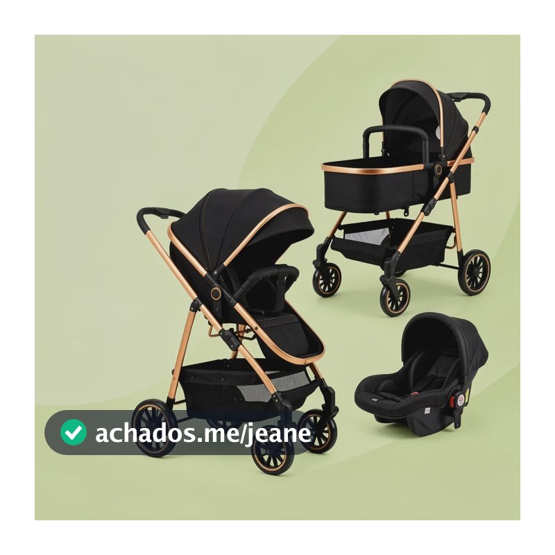 Carrinho De Bebê Europeu 3 Em 1 Moises Berço + Bebê Conforto Preto Preto/dourado