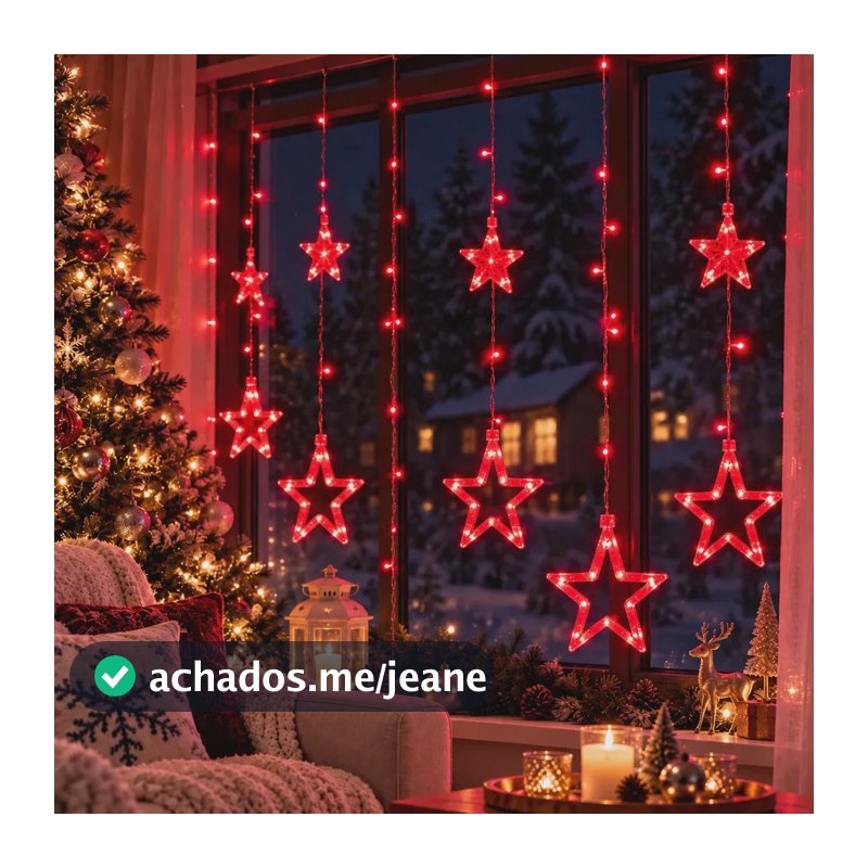 Cascata Led Com Estrelas Decoração 8 Funções Pisca Natal Vermelho 110v