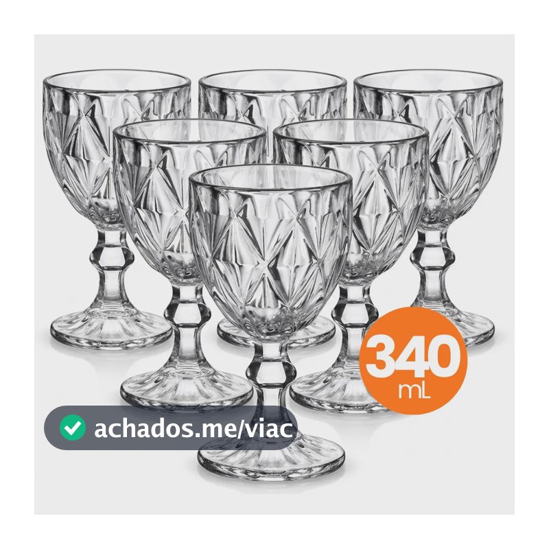 Jogo 6 Taças Vidro Diamond 340ml Conjunto Mesa Posta Água Suco Cozinha Decoração Presente