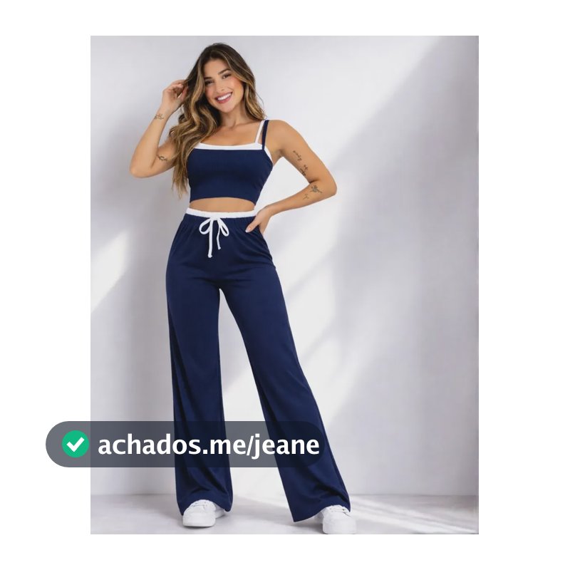 Conjunto Ribana Top Alcinhas E Calça Wide Leg Cós Alto Duplo Azul Liso Gg