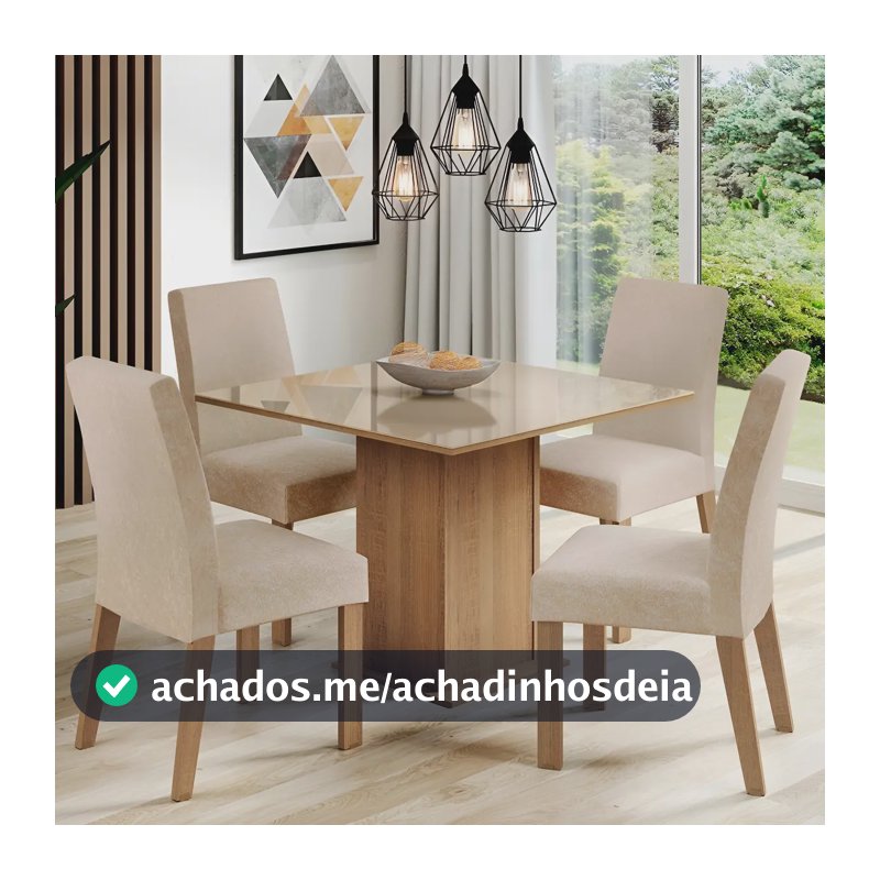 Sala De Jantar Estofada Madesa Evelin Mesa Tampo Vidro Com 4 Cadeiras Cor Rustic/Crema/Imperial MDJA0401037GSIM