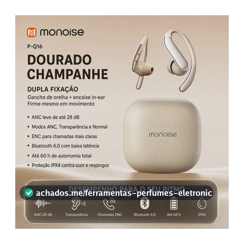 Fone de Ouvido Esportivo Sem Fio Monoise P-Q16 In Ear Bluetooth 6.0 para Corrida com Gancho e Microfone ANC Leve e ENC Estojo com Indicador Digital IPX4 Contra Suor Até 60 Horas Controle Touch com App
