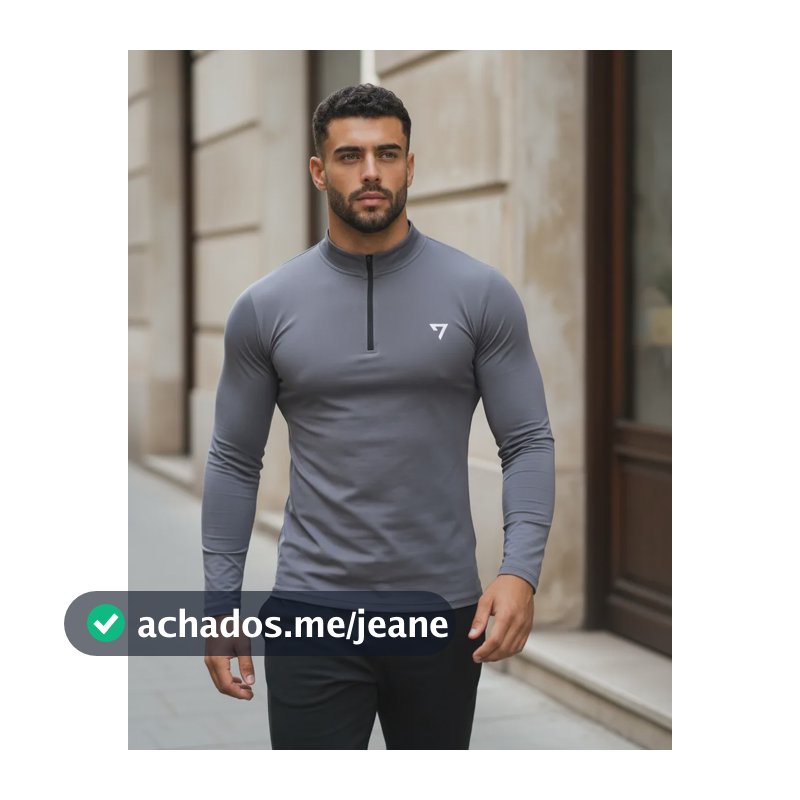 Camisa Térmica Masculina Segunda Pele Manga Longa Com Zíper Cinza Gg