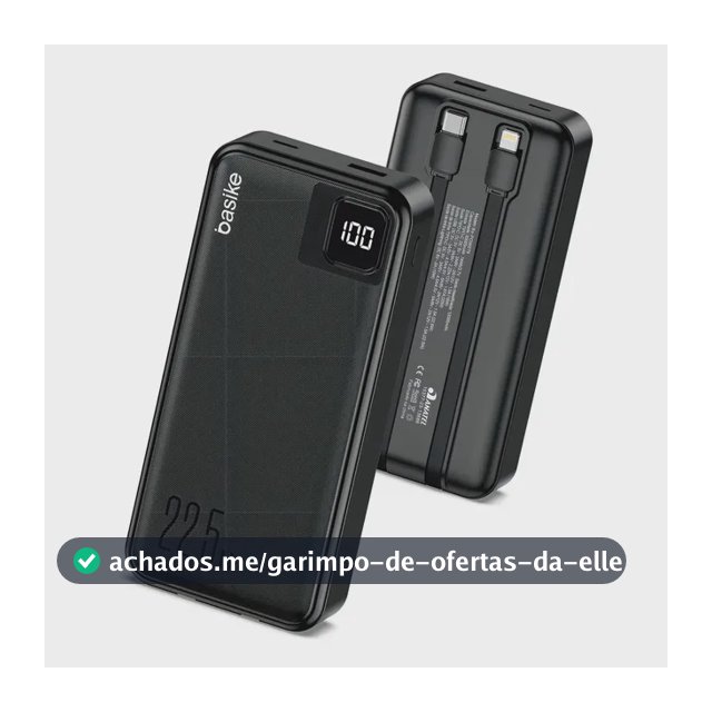 Power Bank Basike 20000mAh Preto, Carga Rápida 22.5W para iPhone e Samsung, Com Cabos Embutidos e Display