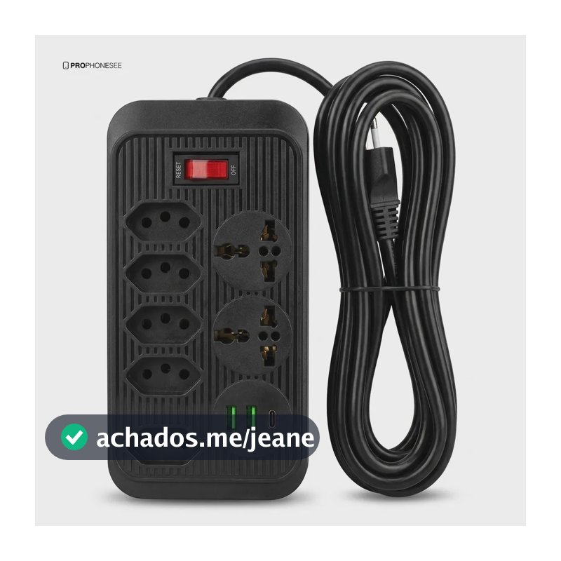 Extensão Elétrica 5 Tomadas 2 USB 1 Tipo C Pd Filtro de Linha com Proteção de Sobrecarga Tomada Universal Tripolar Cabo 5 metro Régua Energia Com Interruptor De Segurança Protetor De Surto Bivolt