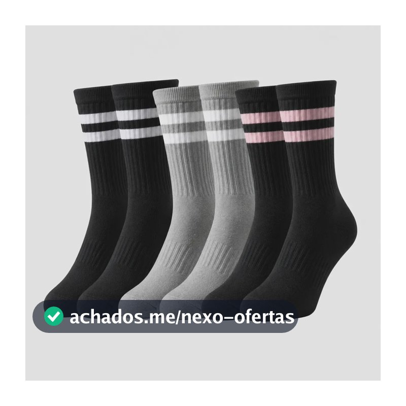 Kit 3 Meias Cano Alto Listrada 100% Algodão Confortável Preto Branco/cinza/preto Rosa Listras 3 Pares