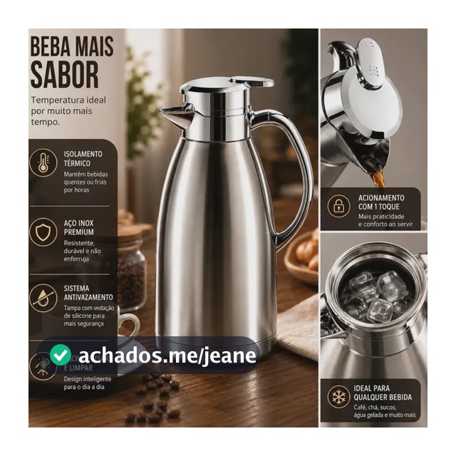 Garrafa Térmica Inox 2 Litros com Gatilho Anti Gotas para Café da Manhã, Mesa Posta, Leite e Chá Mantém Temperatura Aço Inoxidável Premium