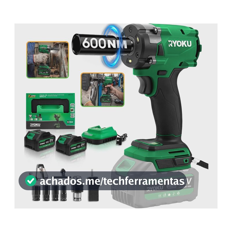 Chave De Impacto Brushless 21v 2 Baterias 600nm 1/2  Ryoku Verde 127/220v 50 Hz/60 Hz