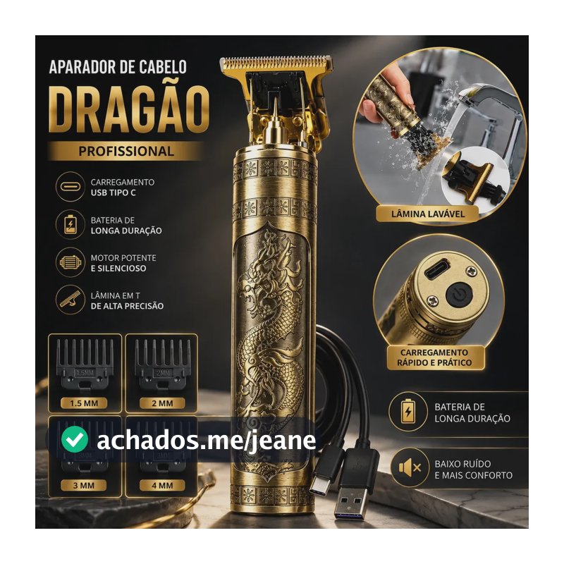 Máquina De Cortar Marca Rave Peak Cabelo Sem Fio Barbeador Eletrico Aparador De Pelos Acabamento Motor Profissional 4 Pentes Recarregavel Usb Tipo C Dourada