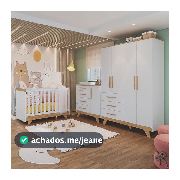 Quarto De Bebê Completo Com Guarda Roupa Cômoda E Wt Branco Brilho/amêndoa