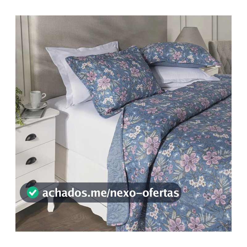 Kit Cobre Leito Colcha Casal 3 Peças Boutis Dupla Face Porta Travesseiro Aba Americana Catarina Azul
