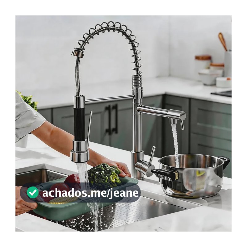 Torneira Cozinha Retrátil Dupla 360° Flexível Inox Premium Prateado