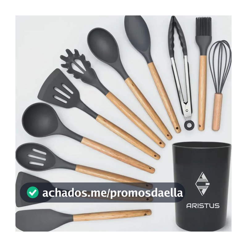 Kit 12 Utensílios De Silicone Com Cabo De Madeira - Marca Aristus Com Alta Resistência, Durável E Com Design Moderno, Perfeito Para Sua Cozinha Cor Cinza