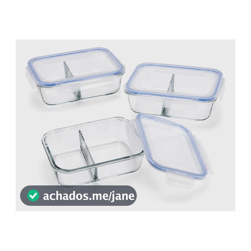 Conjunto 3 Potes Hermético Vidro C/ Divisória Marmita 640ml Transparente