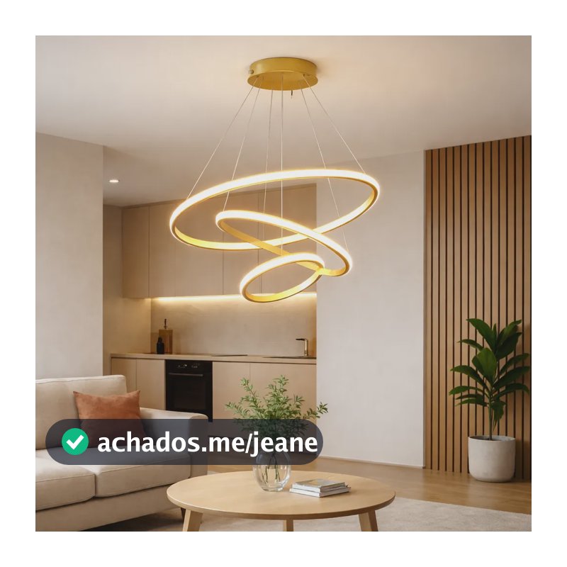 Lustre Arcos Pendente 3 Tonalidades Led Anéis Sobrepor Luxo Bivolt 110v 220v Dourado