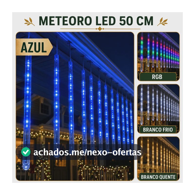 Cascata Meteoro 50cm 8 Tubos Led 3 Metros Bastão Chuva IP65 Decoração Natal Festas Bivolt Cor Azul LuvinCo