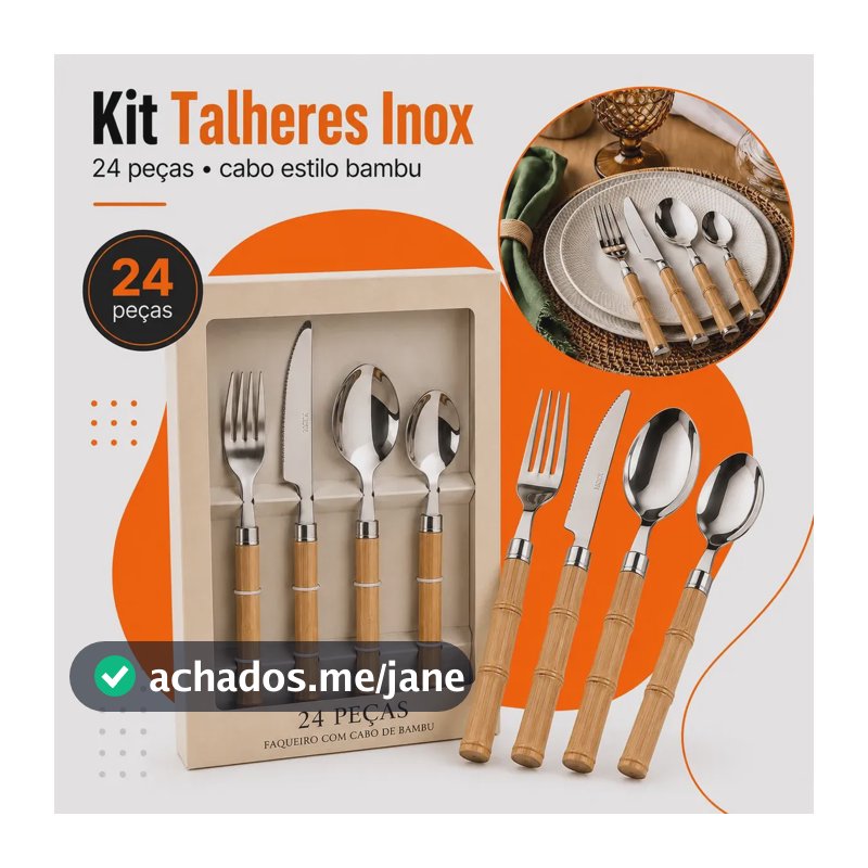 Faqueiro 24 Peças Inox Bambu Mesa Elegante Talheres Hold On