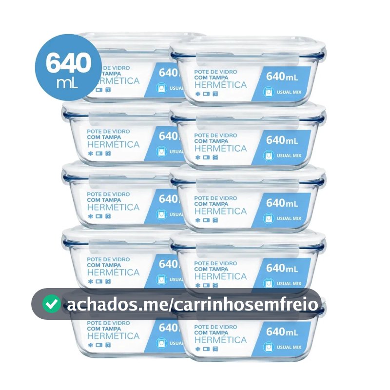 Kit 10 Pote Vidro Hermético Marmita 640ml Micro-ondas Freezer Forno Organização Geladeira